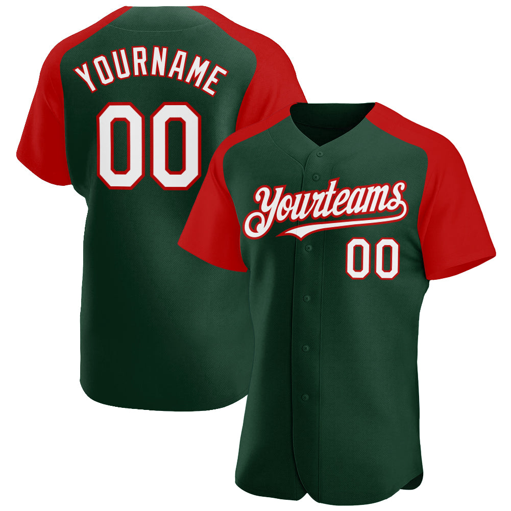 Custom Green White-Red Authentic Raglan Sleeves Baseball Jersey