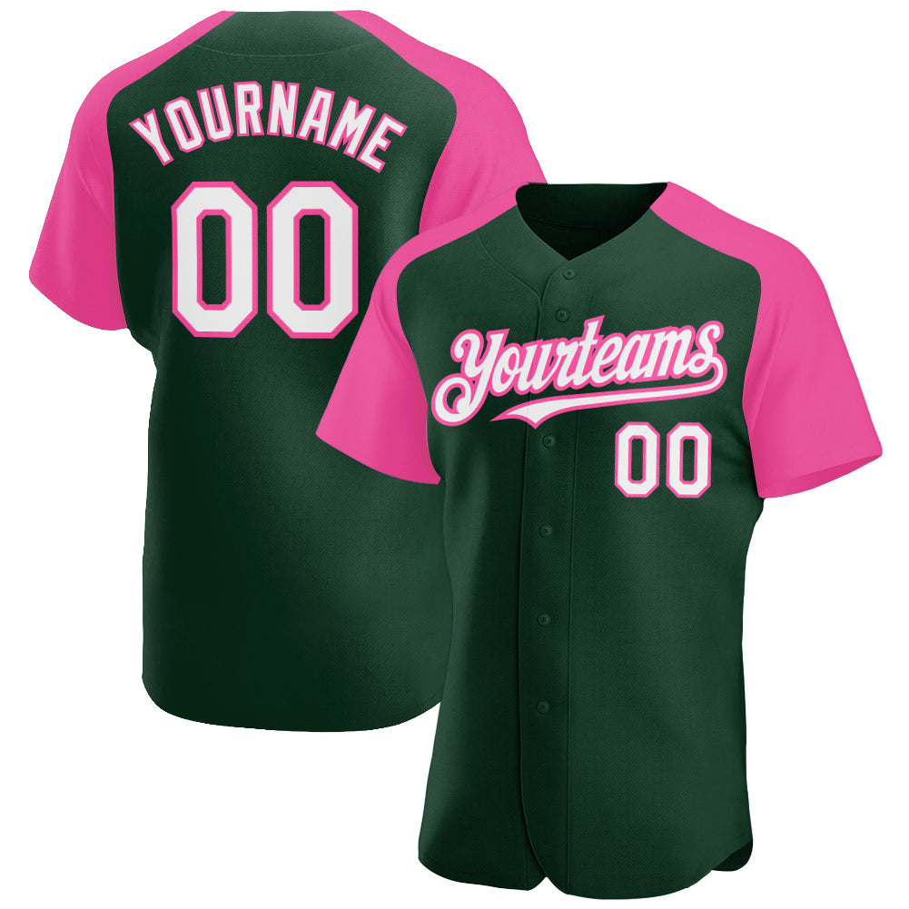 Custom Green White-Pink Authentic Raglan Sleeves Baseball Jersey