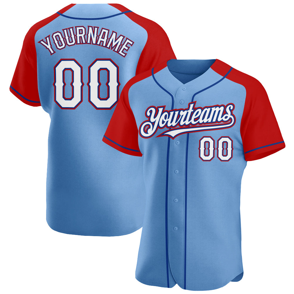 Custom White Red Pinstripe Red-Light Blue Authentic Raglan Sleeves Baseball  Jersey