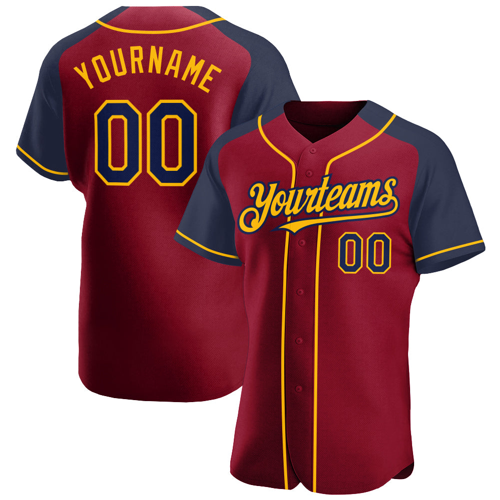 Custom Crimson Navy-Gold Authentic Raglan Sleeves Baseball Jersey