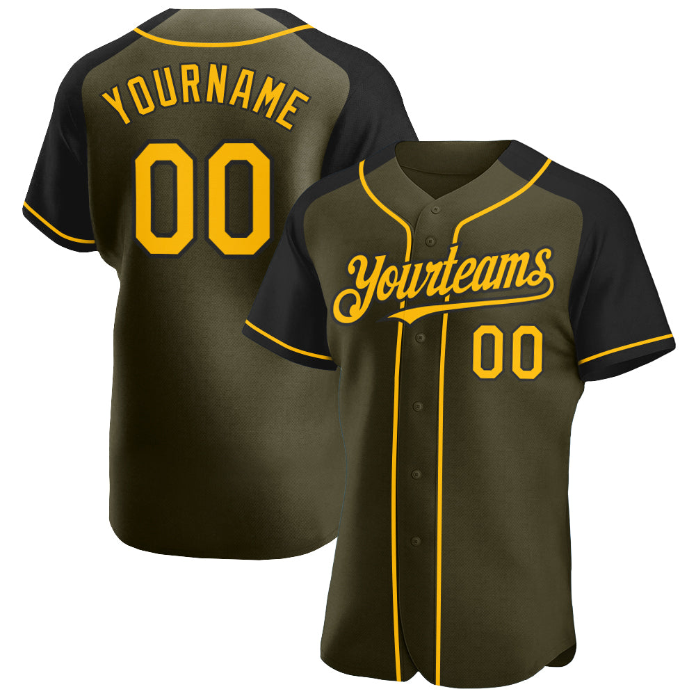 Custom Olive Gold-Black Authentic Raglan Sleeves Salute To Service Baseball Jersey