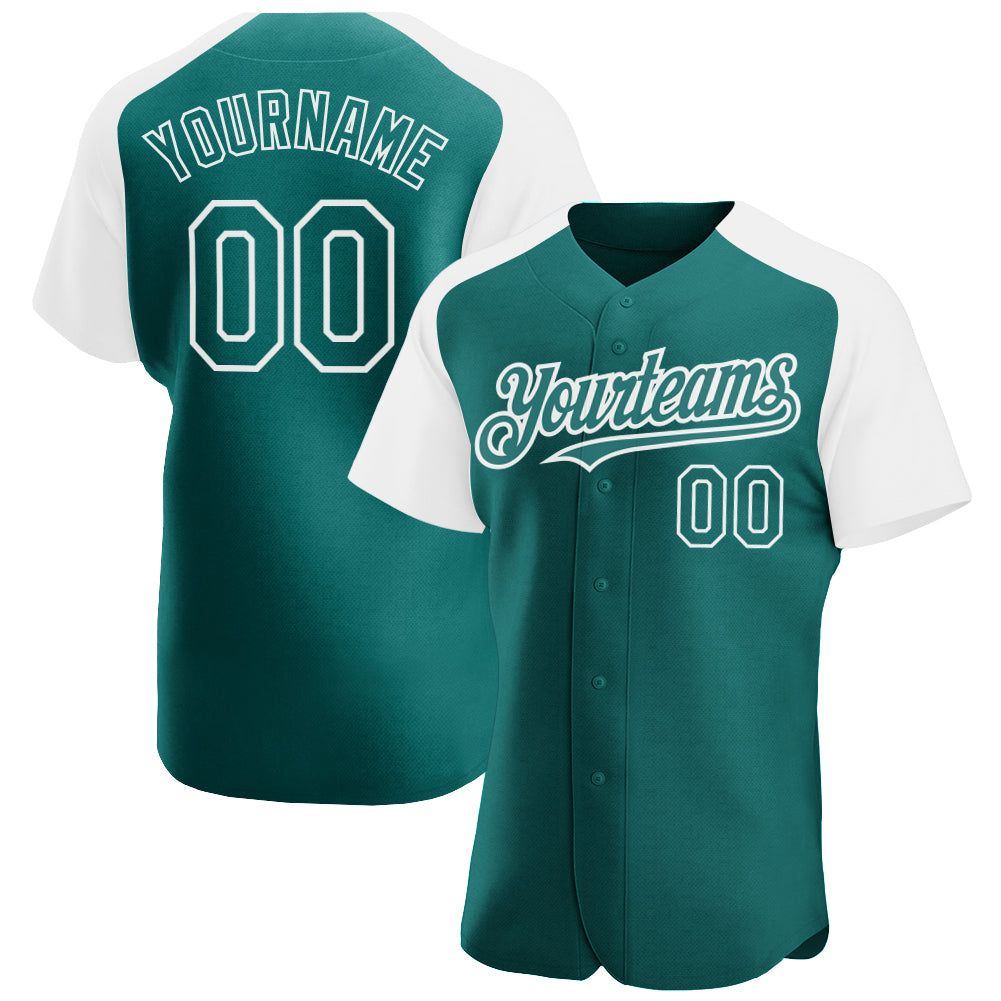 Custom Teal White Authentic Raglan Sleeves Baseball Jersey