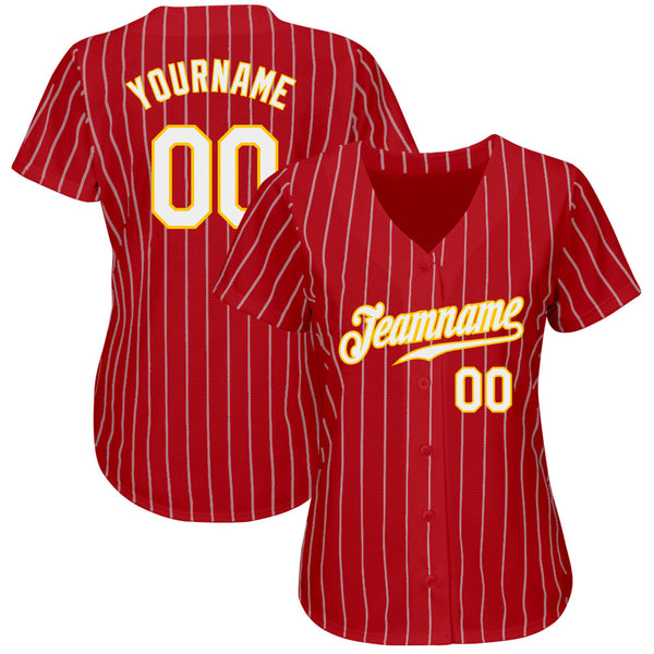 Custom Red Gold Pinstripe White-Gold Authentic Baseball Jersey