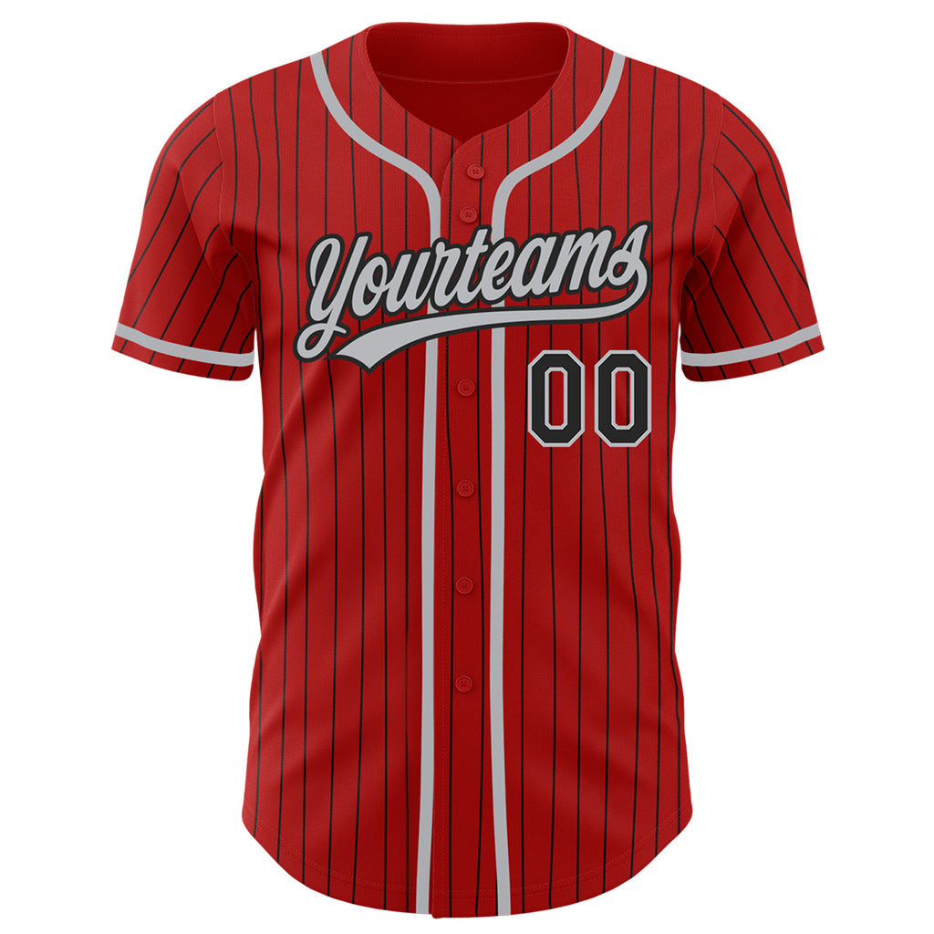 Custom Gray Black Pinstripe Red-Black Authentic Baseball Jersey Discount