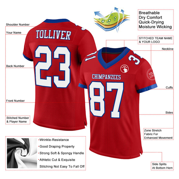 Custom Red White-Royal Mesh Authentic Football Jersey