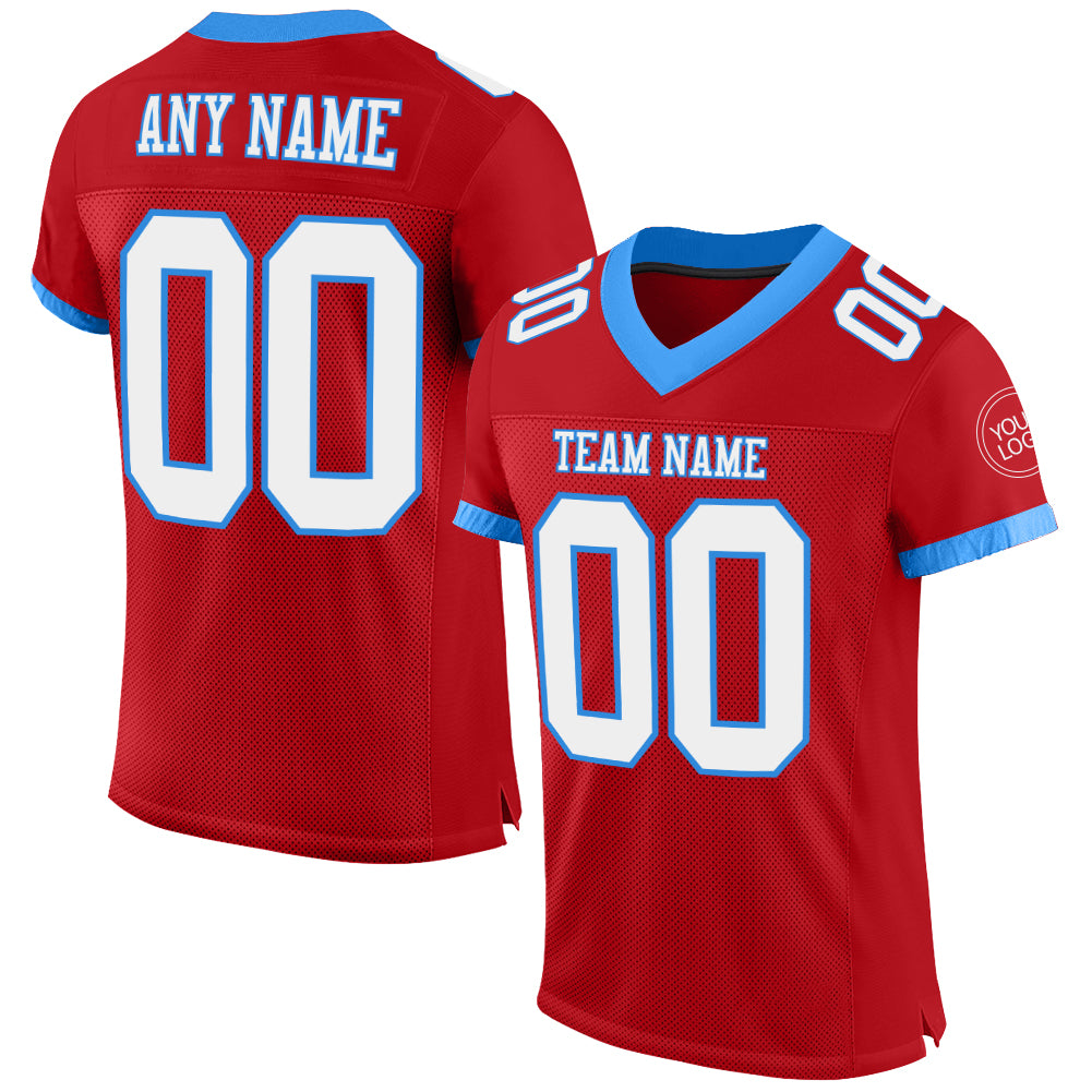 Custom Red White-Powder Blue Mesh Authentic Football Jersey