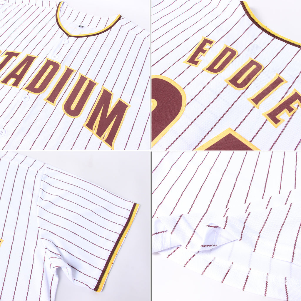 Custom White Brown Pinstripe Brown-Gold Authentic Baseball Jersey