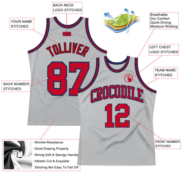 Custom Gray Red-Navy Authentic Throwback Basketball Jersey