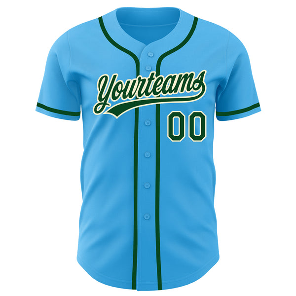 Custom Sky Blue Green-Cream Authentic Baseball Jersey