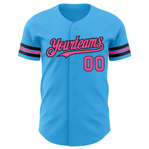 Custom Sky Blue Pink-Black Authentic Baseball Jersey