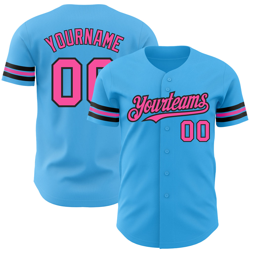 Custom Sky Blue Pink-Black Authentic Baseball Jersey