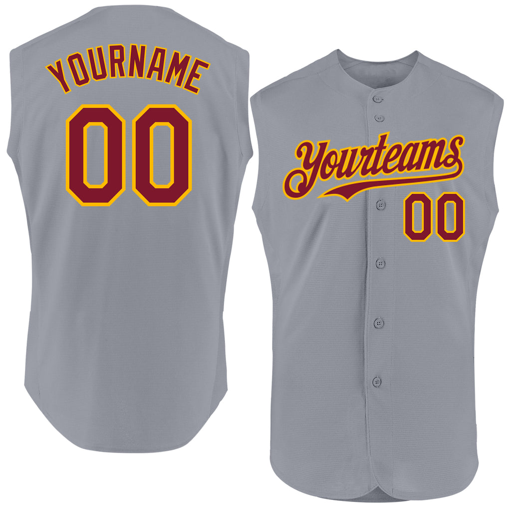 Custom Gray Crimson-Gold Authentic Sleeveless Baseball Jersey