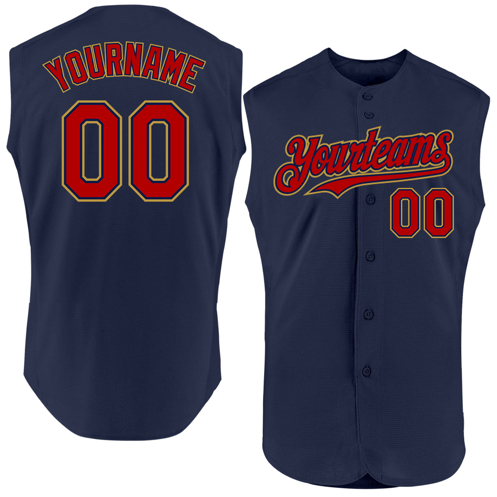 Custom Navy Red-Old Gold Authentic Sleeveless Baseball Jersey