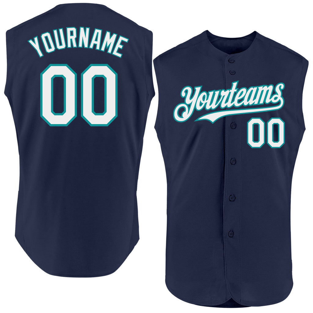 Custom Navy White-Teal Authentic Sleeveless Baseball Jersey