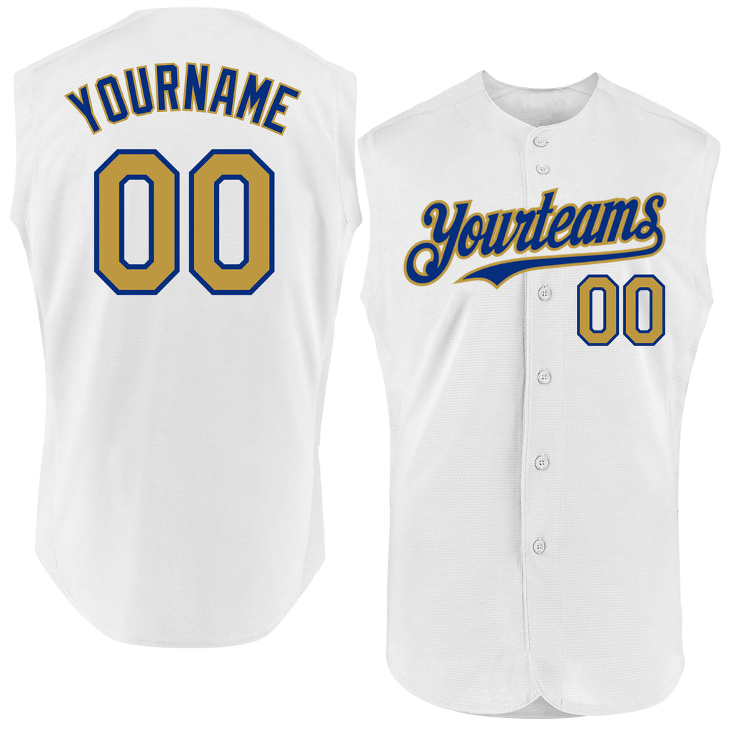 Custom White Old Gold-Royal Authentic Sleeveless Baseball Jersey