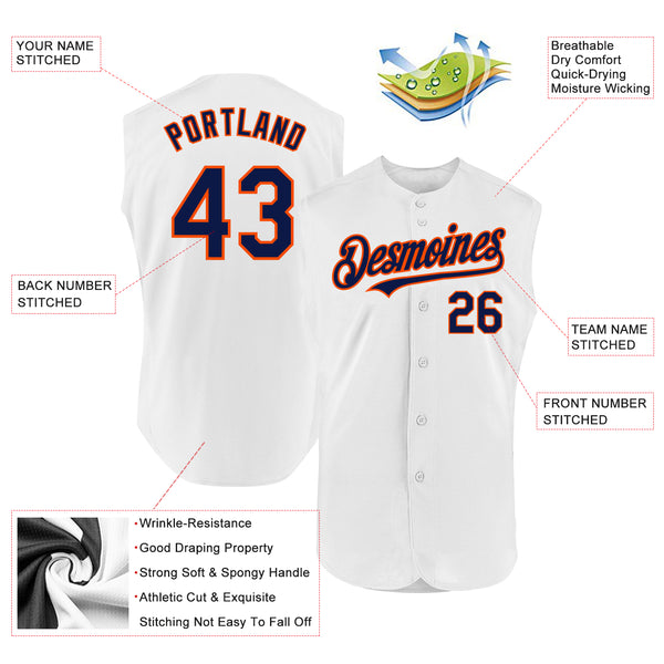 Custom White Navy-Orange Authentic Sleeveless Baseball Jersey