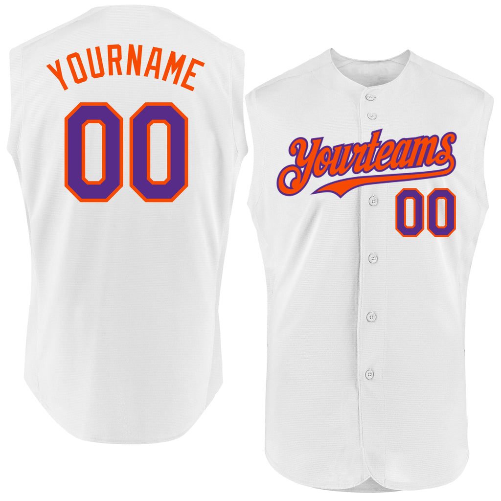 Custom White Purple-Orange Authentic Sleeveless Baseball Jersey