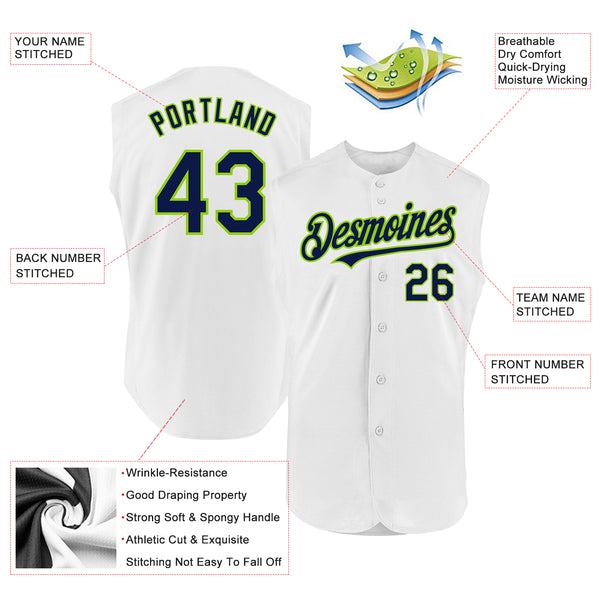 Custom White Navy-Neon Green Authentic Sleeveless Baseball Jersey