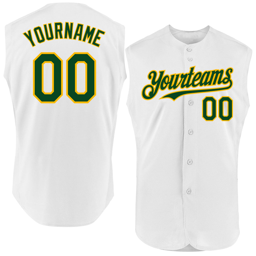 Custom White Green-Gold Authentic Sleeveless Baseball Jersey