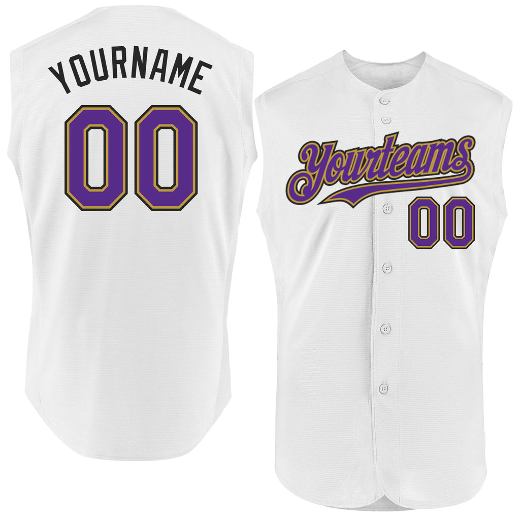 Custom White Purple Old Gold-Black Authentic Sleeveless Baseball Jersey