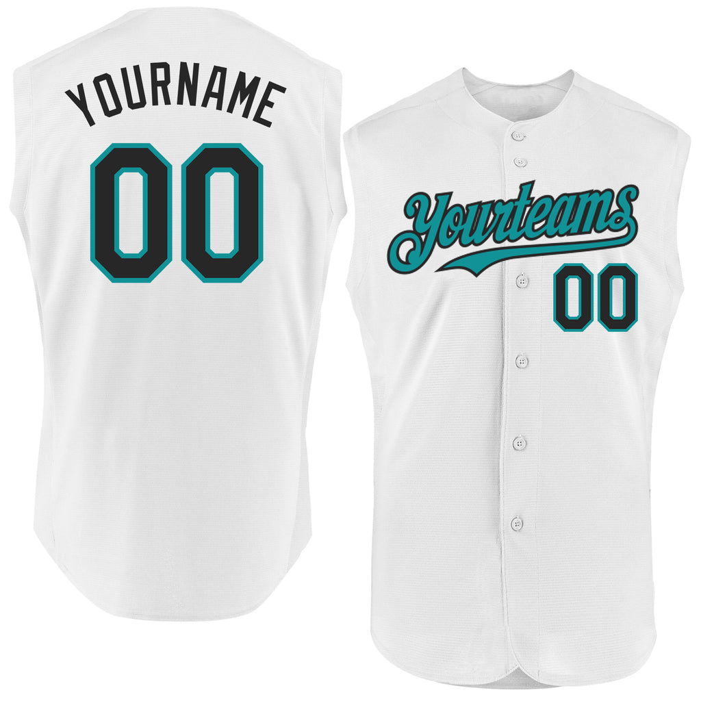 Custom White Black-Teal Authentic Sleeveless Baseball Jersey