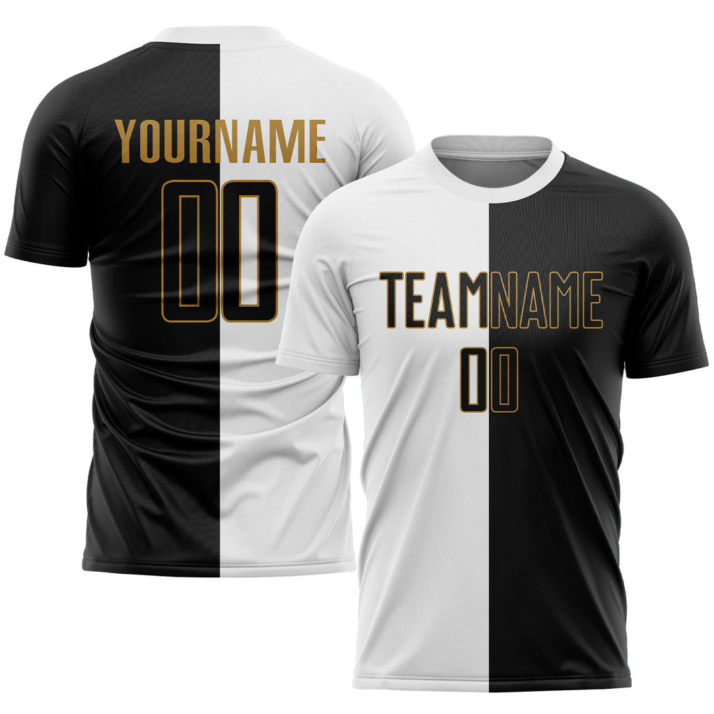 Custom White Black-Old Gold Sublimation Split Fashion Soccer Uniform Jersey