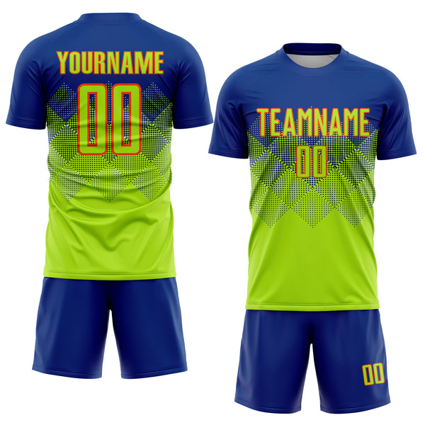 Custom Royal Neon Green-Orange Sublimation Soccer Uniform Jersey