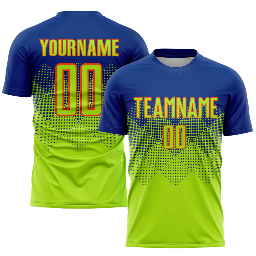 Custom Royal Neon Green-Orange Sublimation Soccer Uniform Jersey