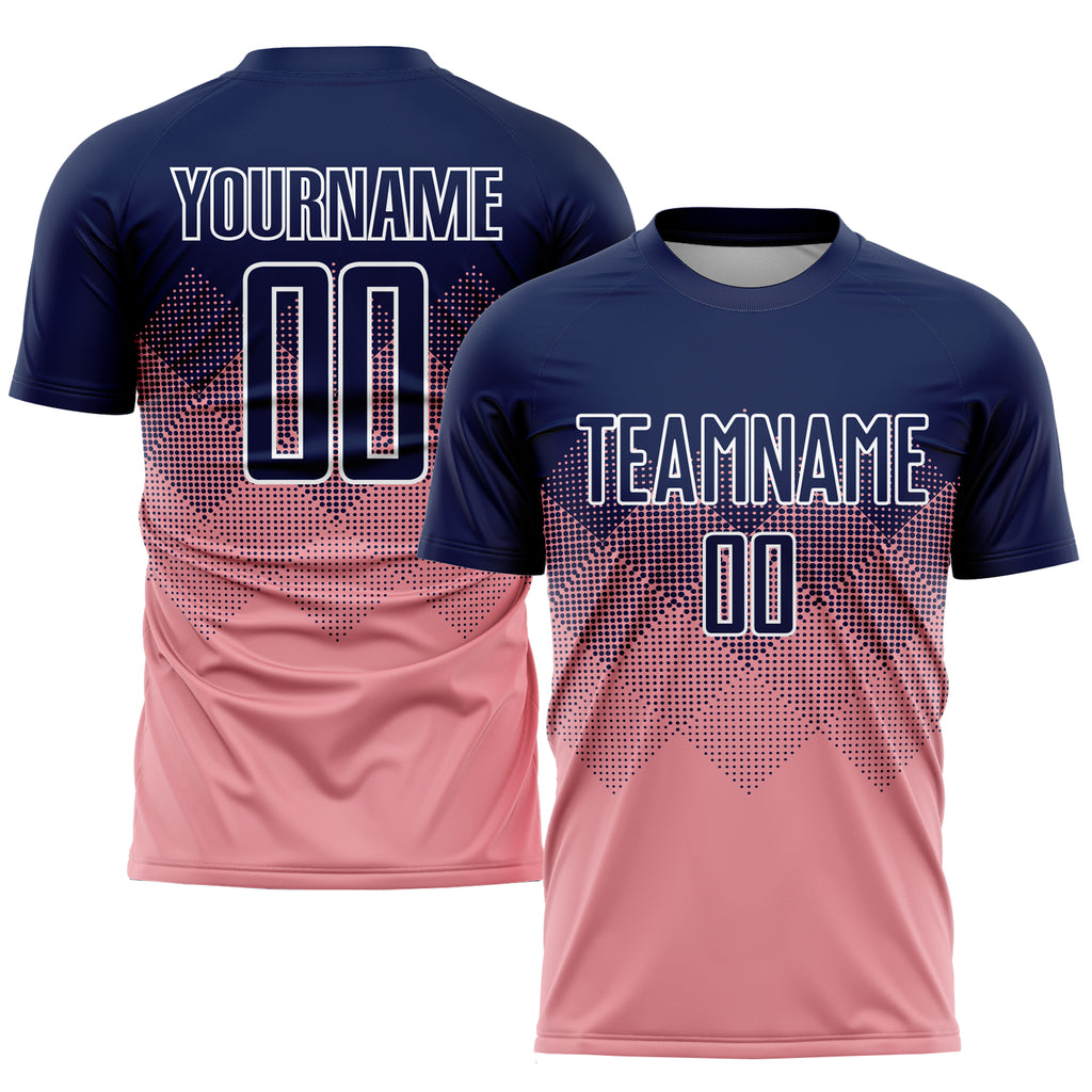 Custom Medium Pink Navy-White Sublimation Soccer Uniform Jersey