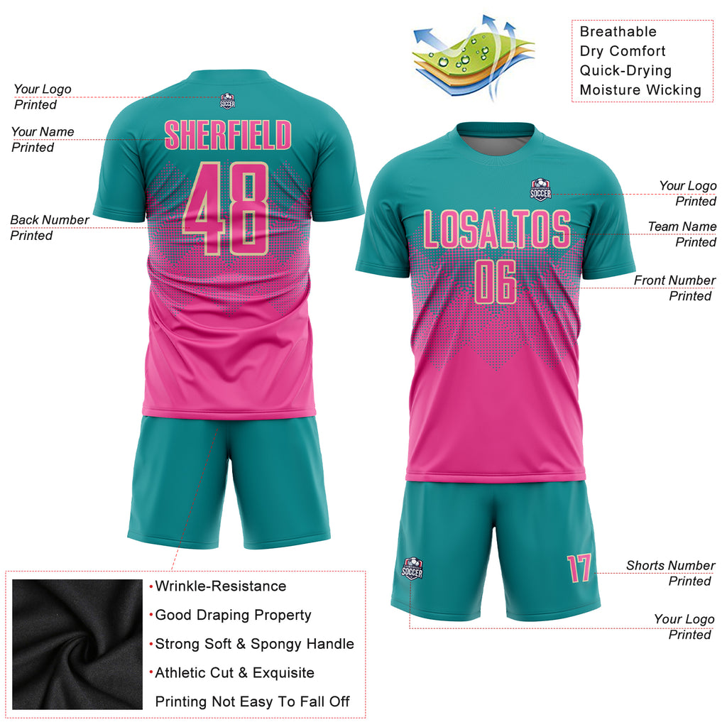 Custom Teal Pink-Cream Sublimation Soccer Uniform Jersey Free Shipping –  Fiitg