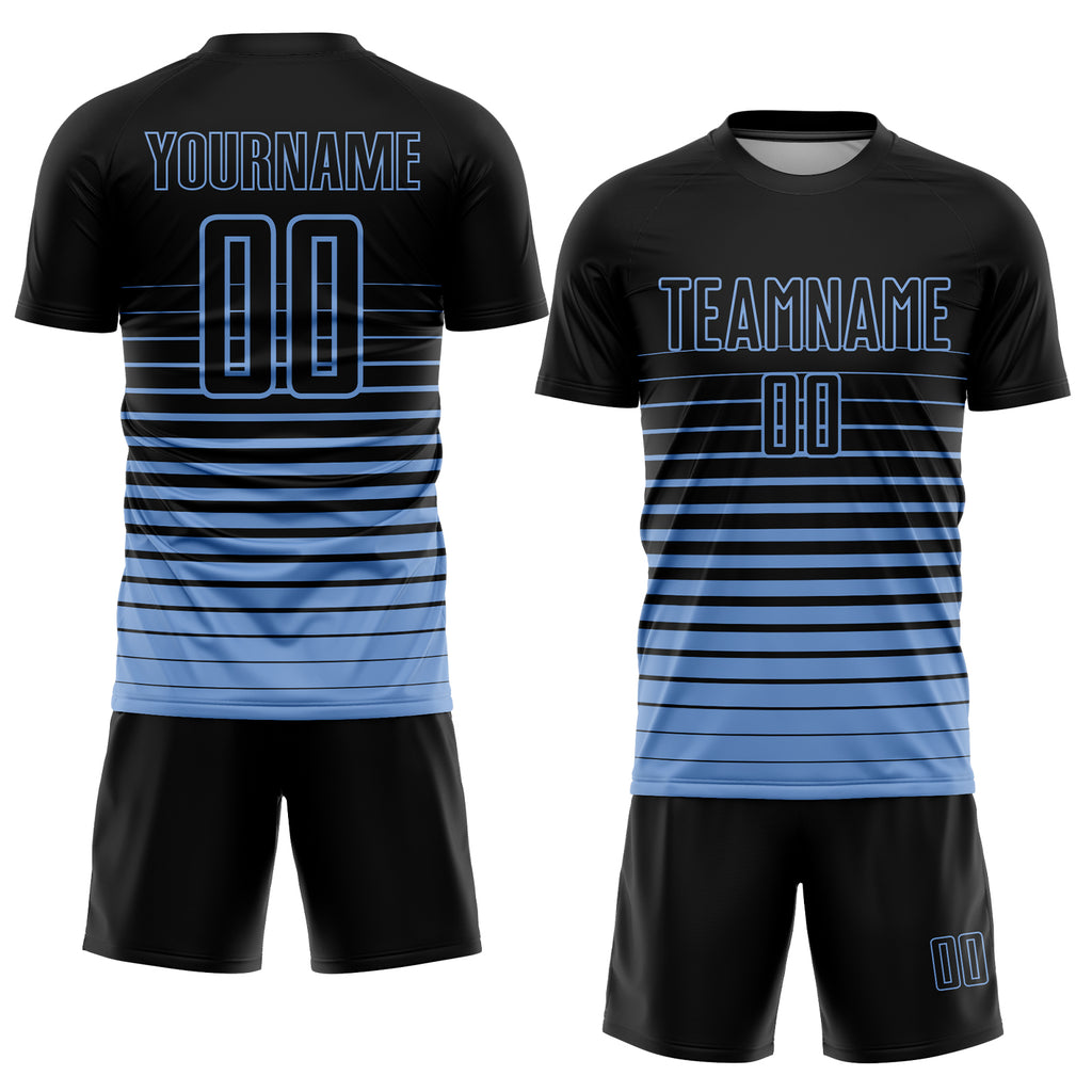 Custom Light Blue White-Black Sublimation Soccer Uniform Jersey Discount