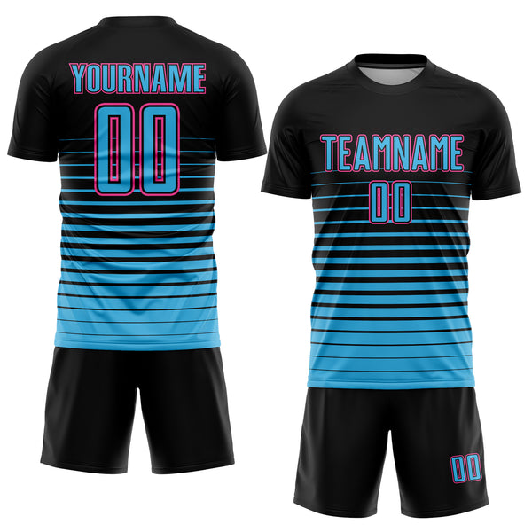 Custom Black Sky Blue-Pink Pinstripe Fade Fashion Sublimation Soccer Uniform Jersey