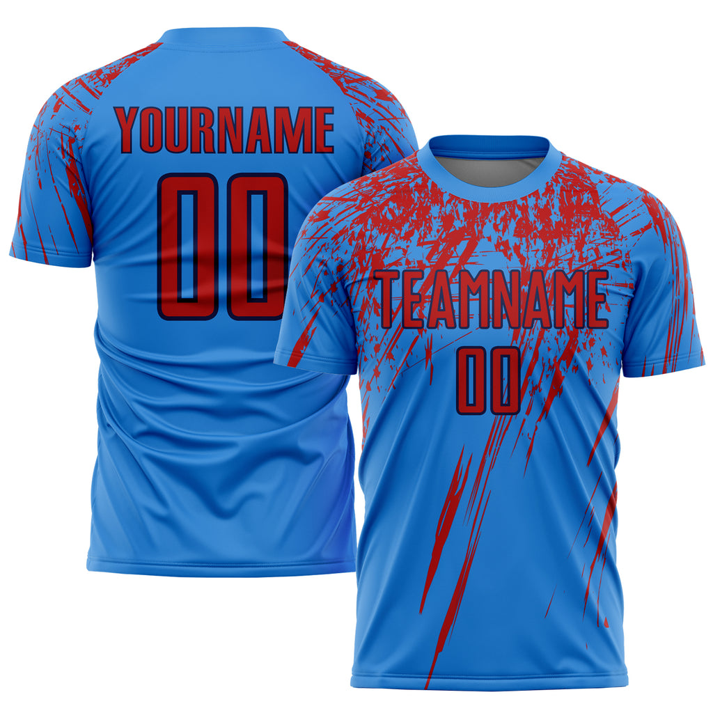 Custom Powder Blue Red-Navy Sublimation Soccer Uniform Jersey