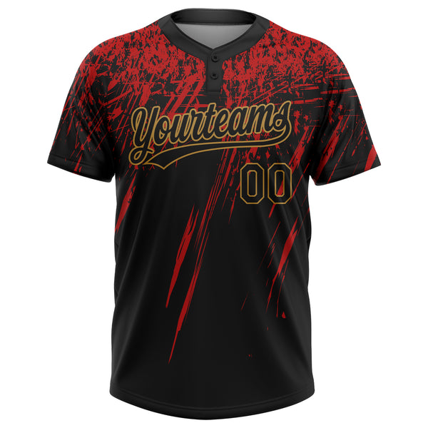 Custom Black Black Red-Old Gold 3D Pattern Two-Button Unisex Softball Jersey