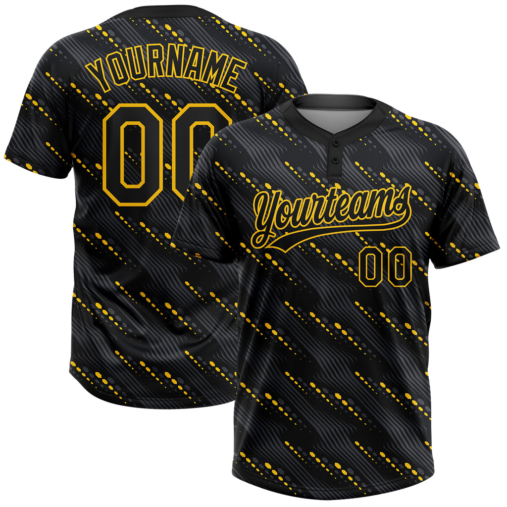 Custom Black Black-Gold 3D Pattern Two-Button Unisex Softball Jersey