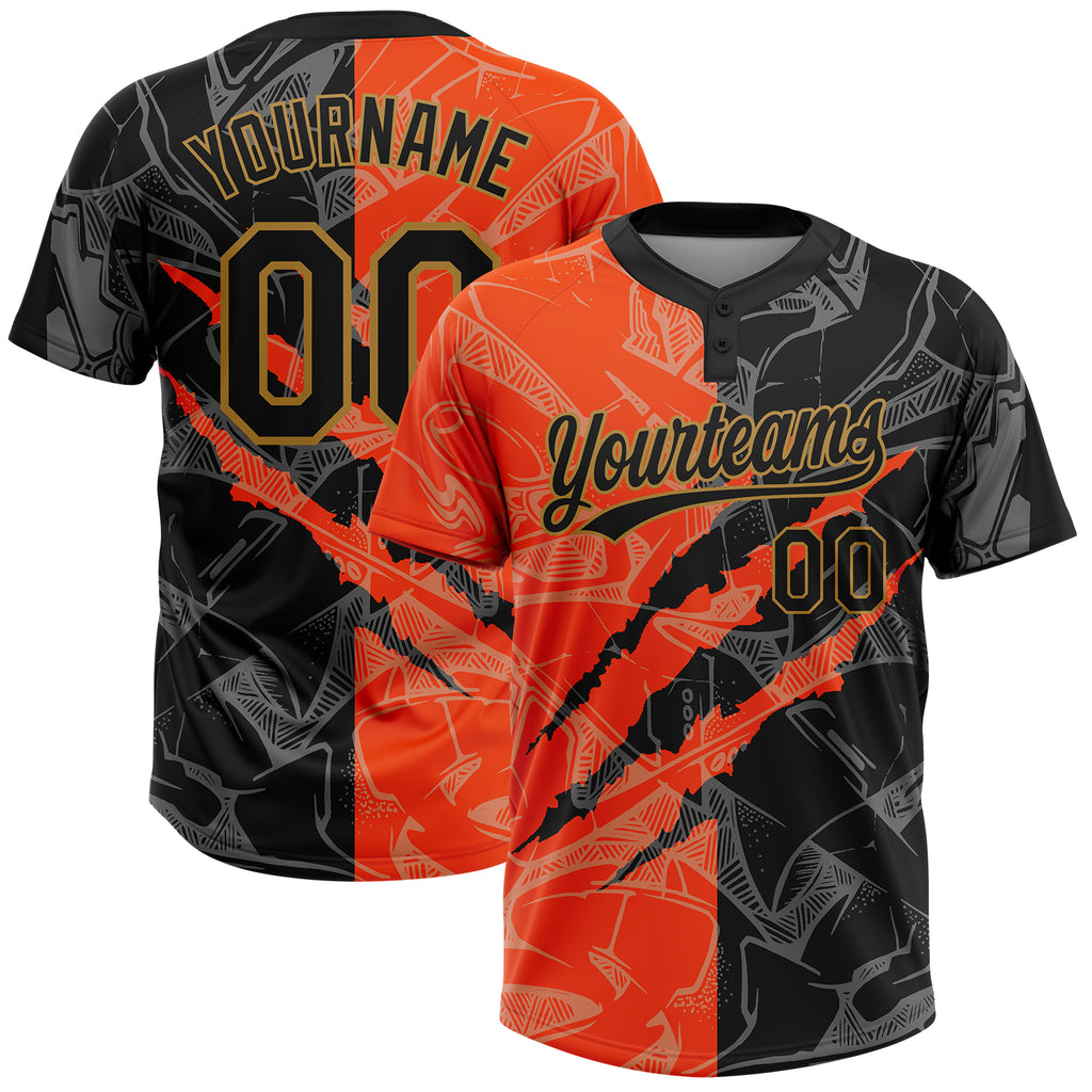 Custom Black Black-Gold Two-Button Unisex Softball Jersey Women's Size:L