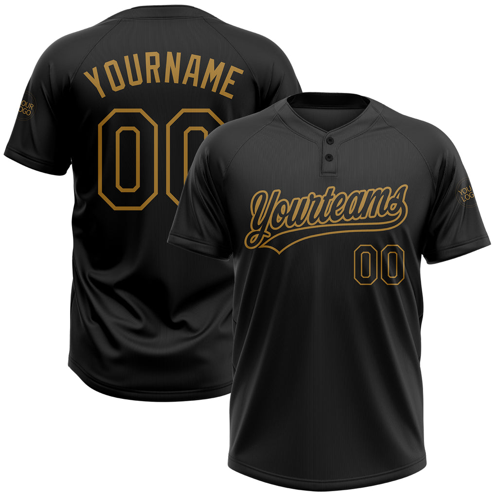 Custom Black Black-Old Gold Two-Button Unisex Softball Jersey