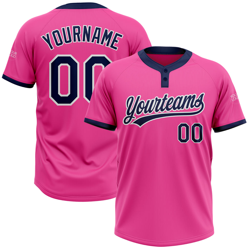 Custom Pink Navy-White Two-Button Unisex Softball Jersey