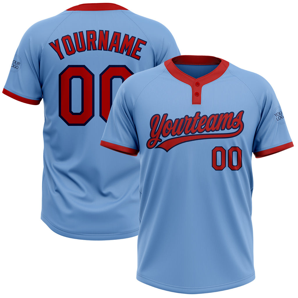 Custom Light Blue Red-Navy Two-Button Unisex Softball Jersey