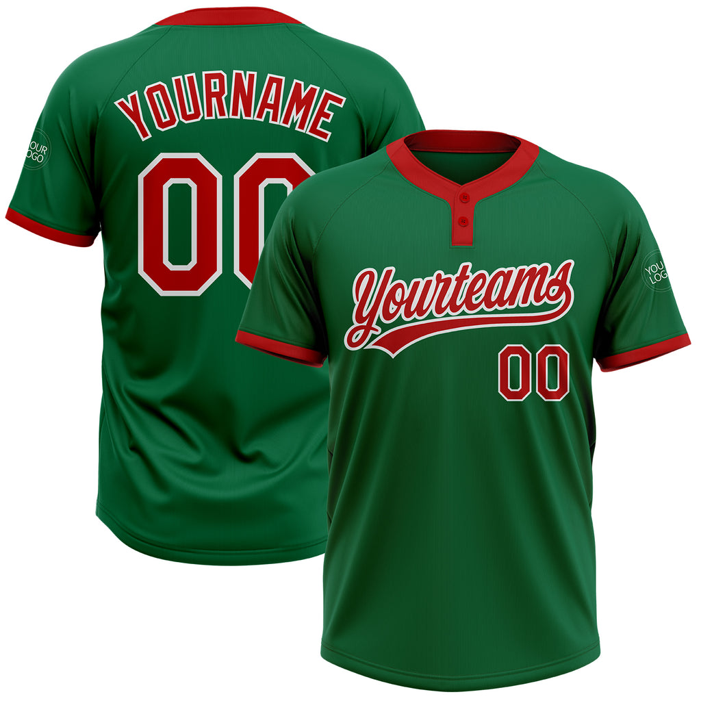 Custom Kelly Green Red-White Two-Button Unisex Softball Jersey