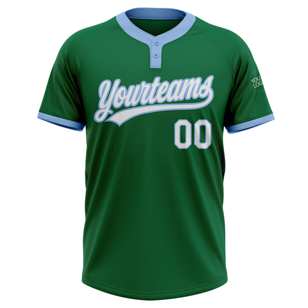 Custom Kelly Green White-Light Blue Two-Button Unisex Softball Jersey