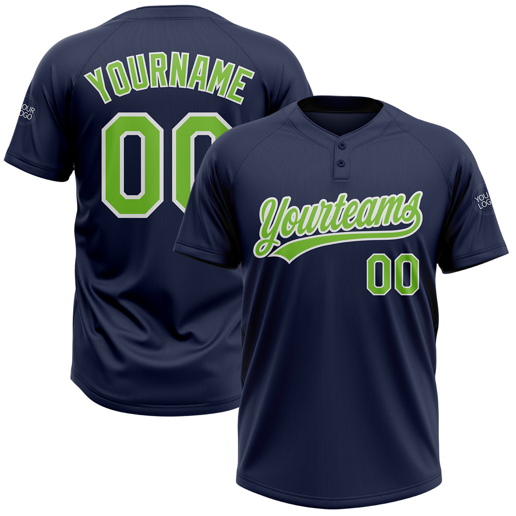 Custom Navy Neon Green-White Two-Button Unisex Softball Jersey