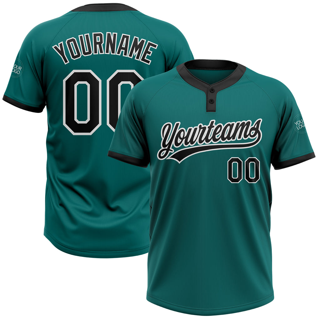 Custom Teal Black-White Two-Button Unisex Softball Jersey