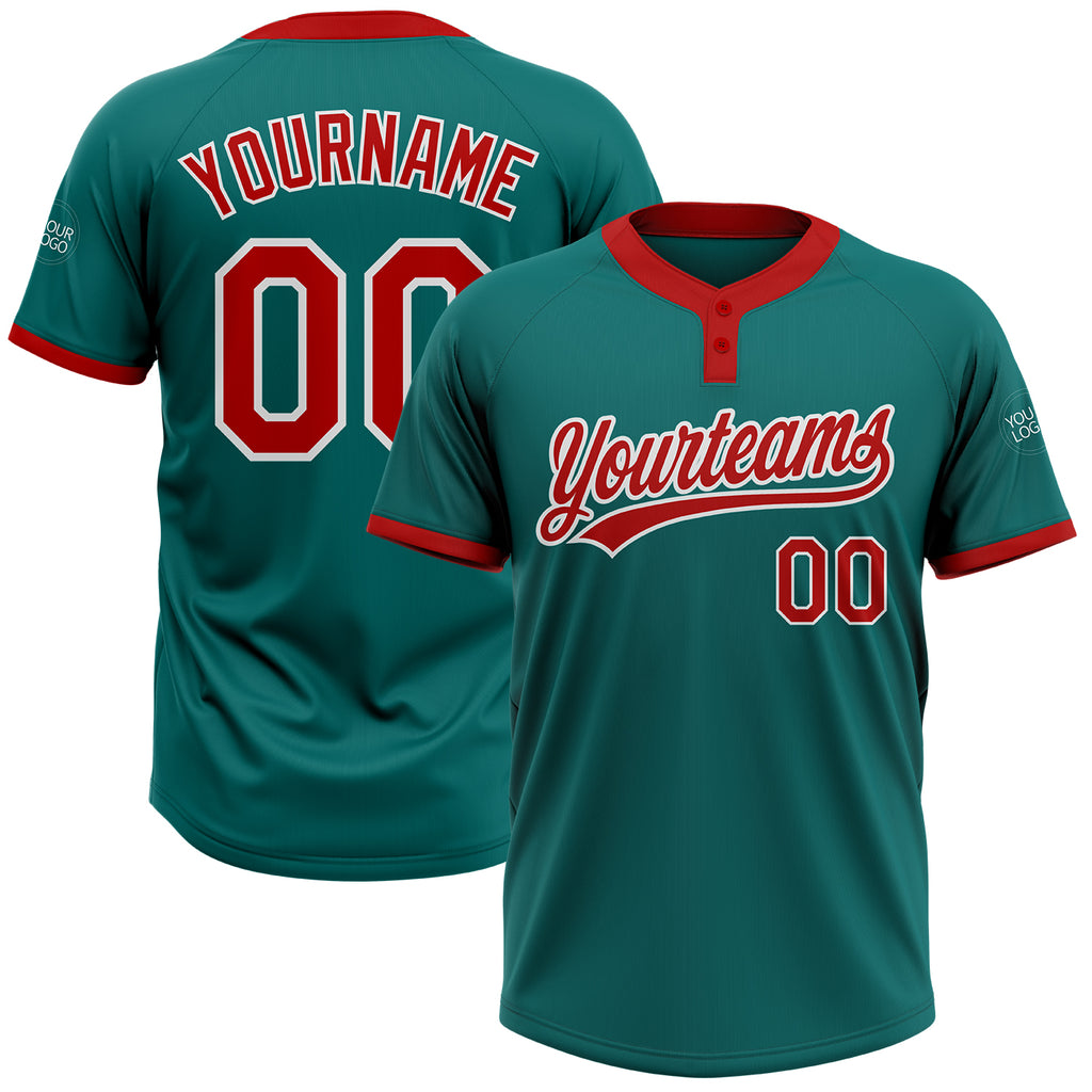 Custom Teal Red-White Two-Button Unisex Softball Jersey