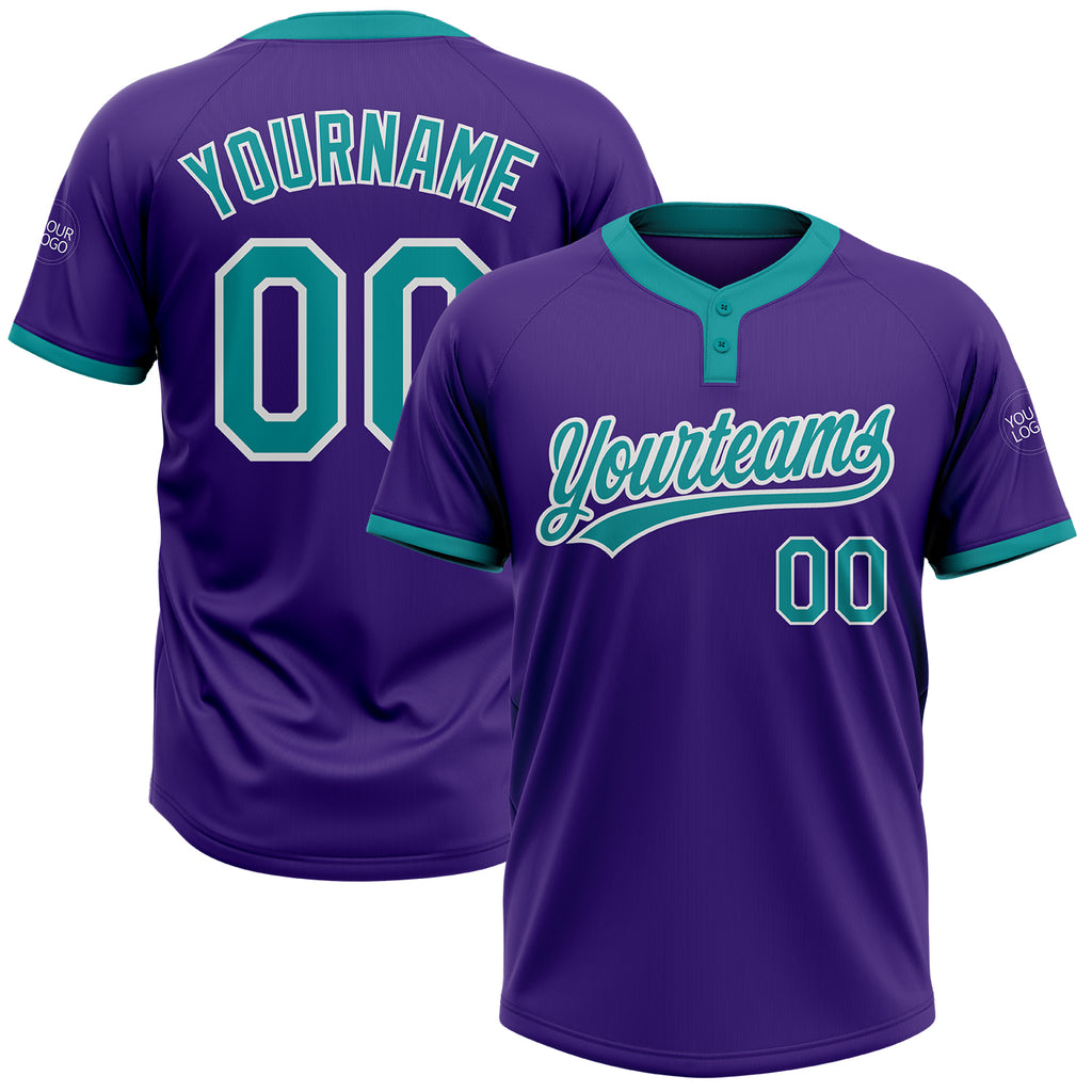 Custom Purple Teal-White Two-Button Unisex Softball Jersey