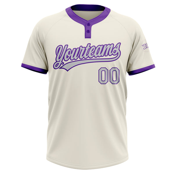 Custom Cream Gray-Purple Two-Button Unisex Softball Jersey