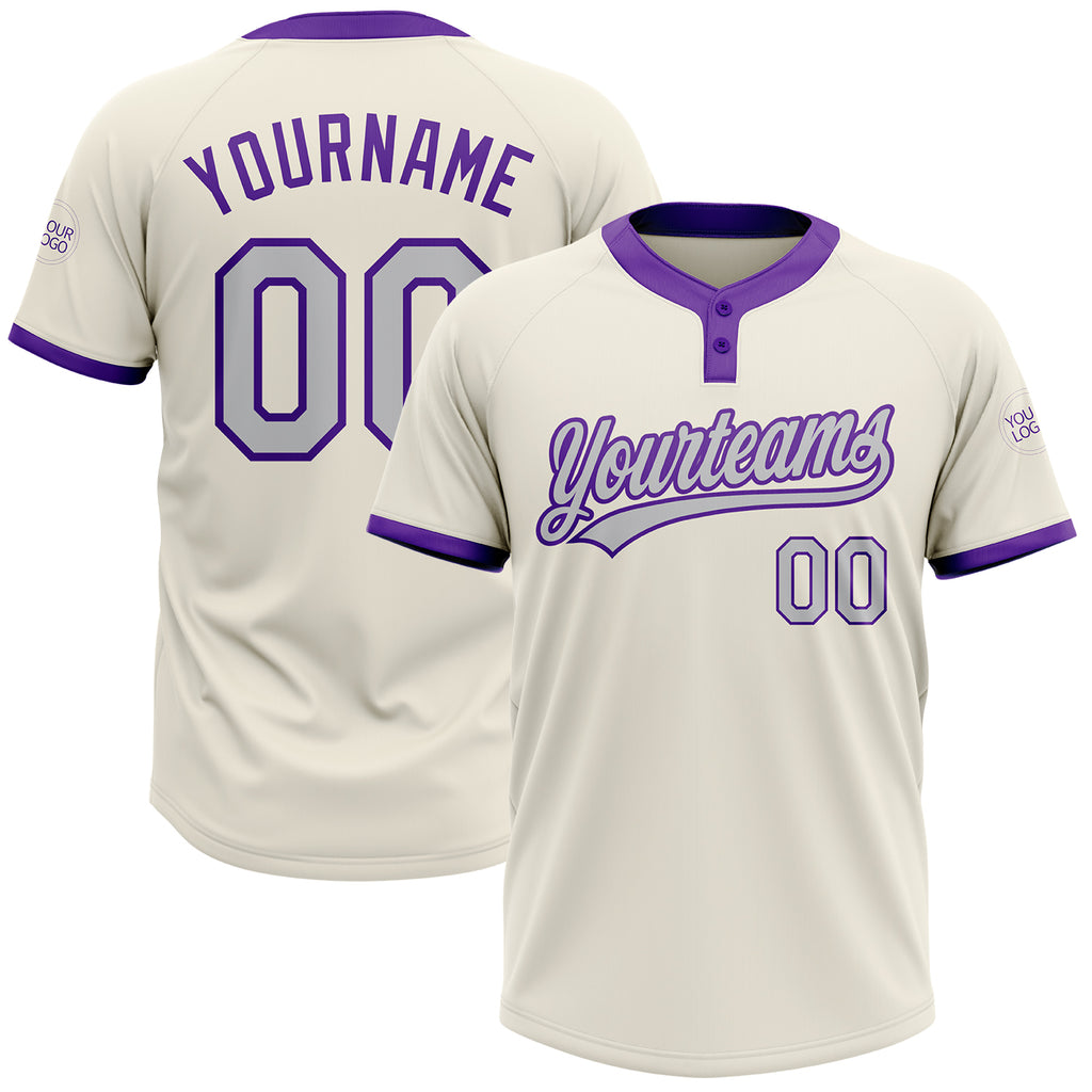 Custom Cream Gray-Purple Two-Button Unisex Softball Jersey