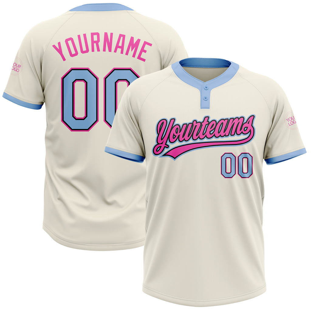 Custom Cream Light Blue Black-Pink Two-Button Unisex Softball Jersey