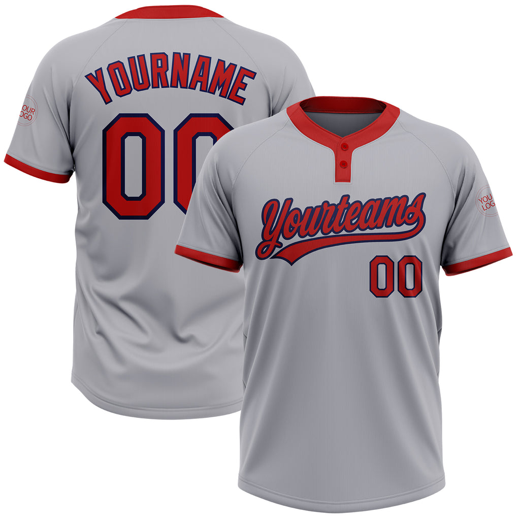 Custom Gray Red-Navy Two-Button Unisex Softball Jersey