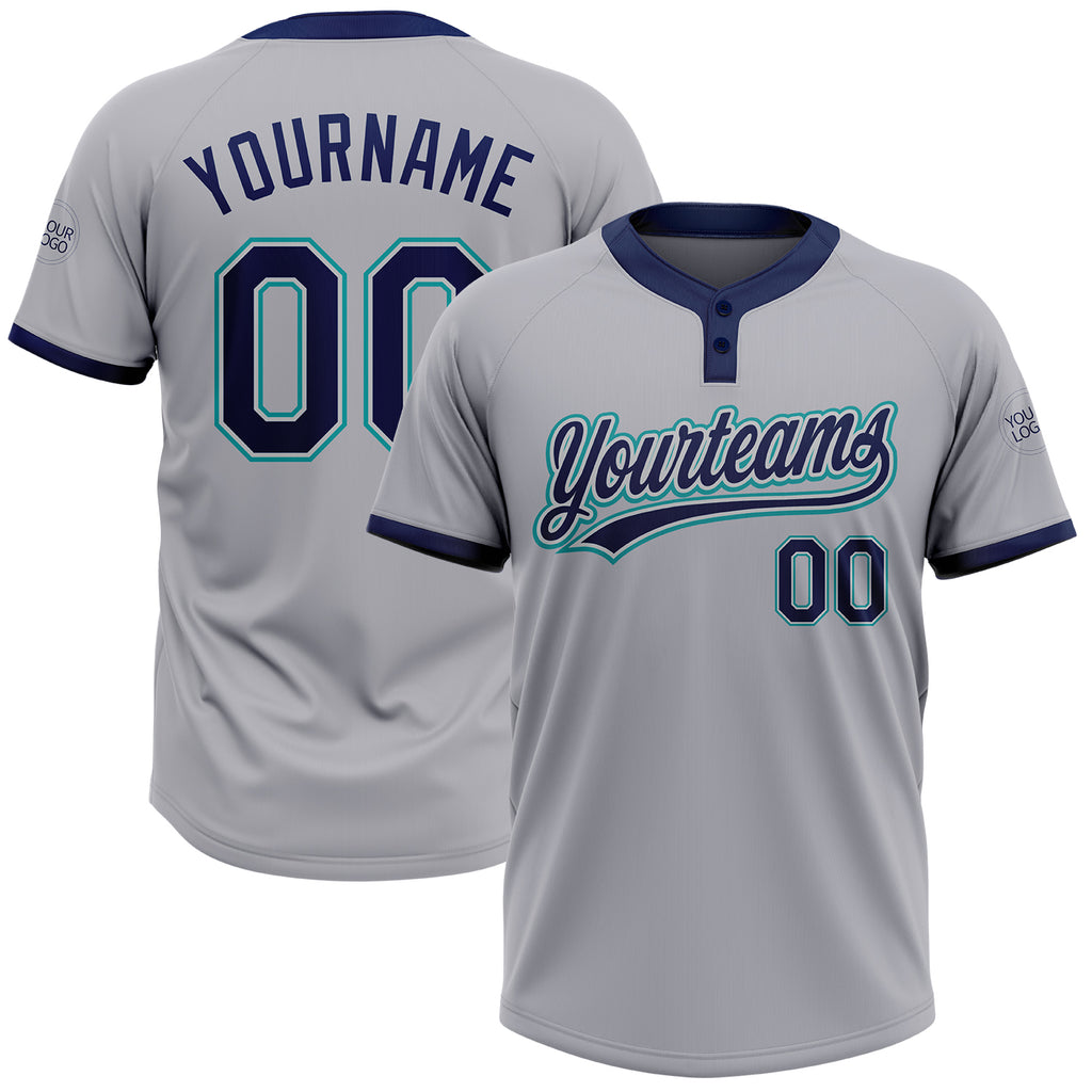 Custom Gray Navy-Teal Two-Button Unisex Softball Jersey